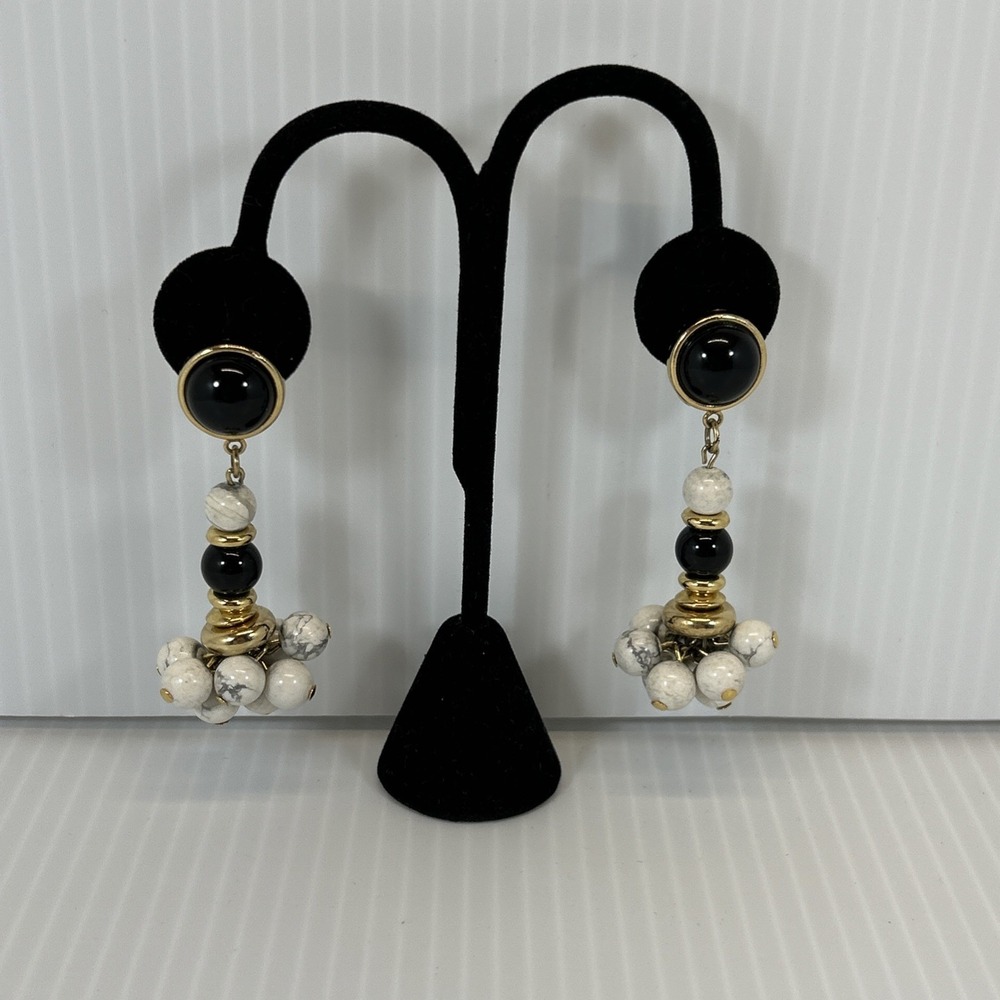 Vintage 1980s White & Black Balls Bead Cluster Dangle Pierced Earrings